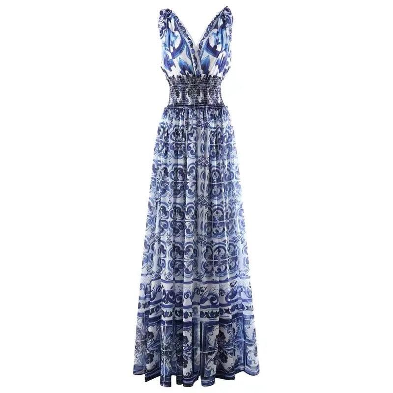 Wester Porcelain Print Maxi Dress In Blue