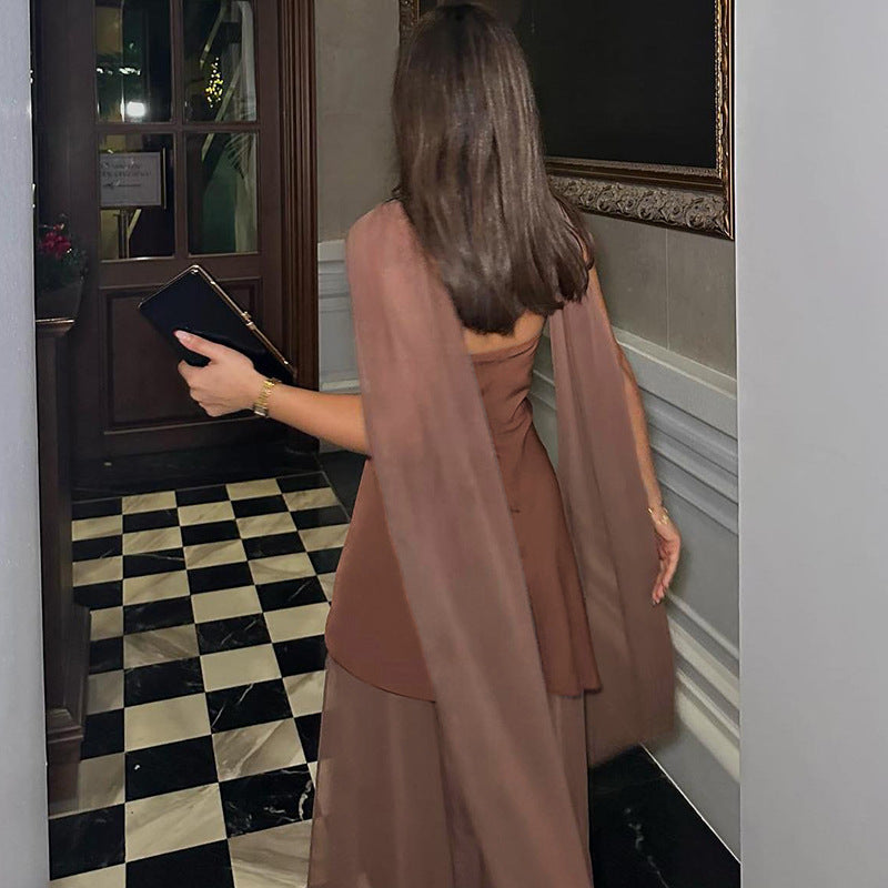 Annora Off-Shoulder Maxi Dress With Scarf In Brown