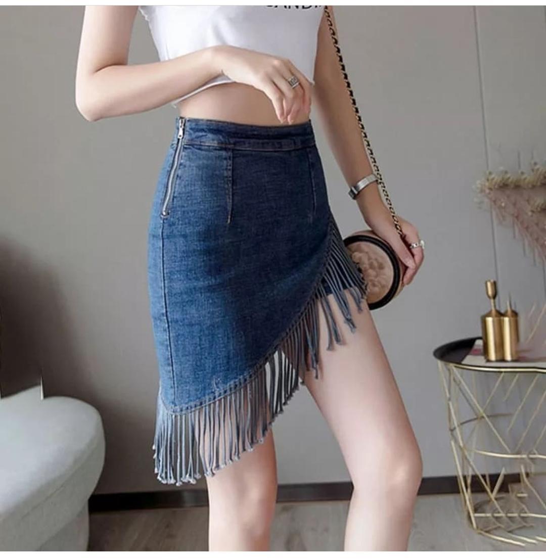 Fringes Denim Skirt in Blue