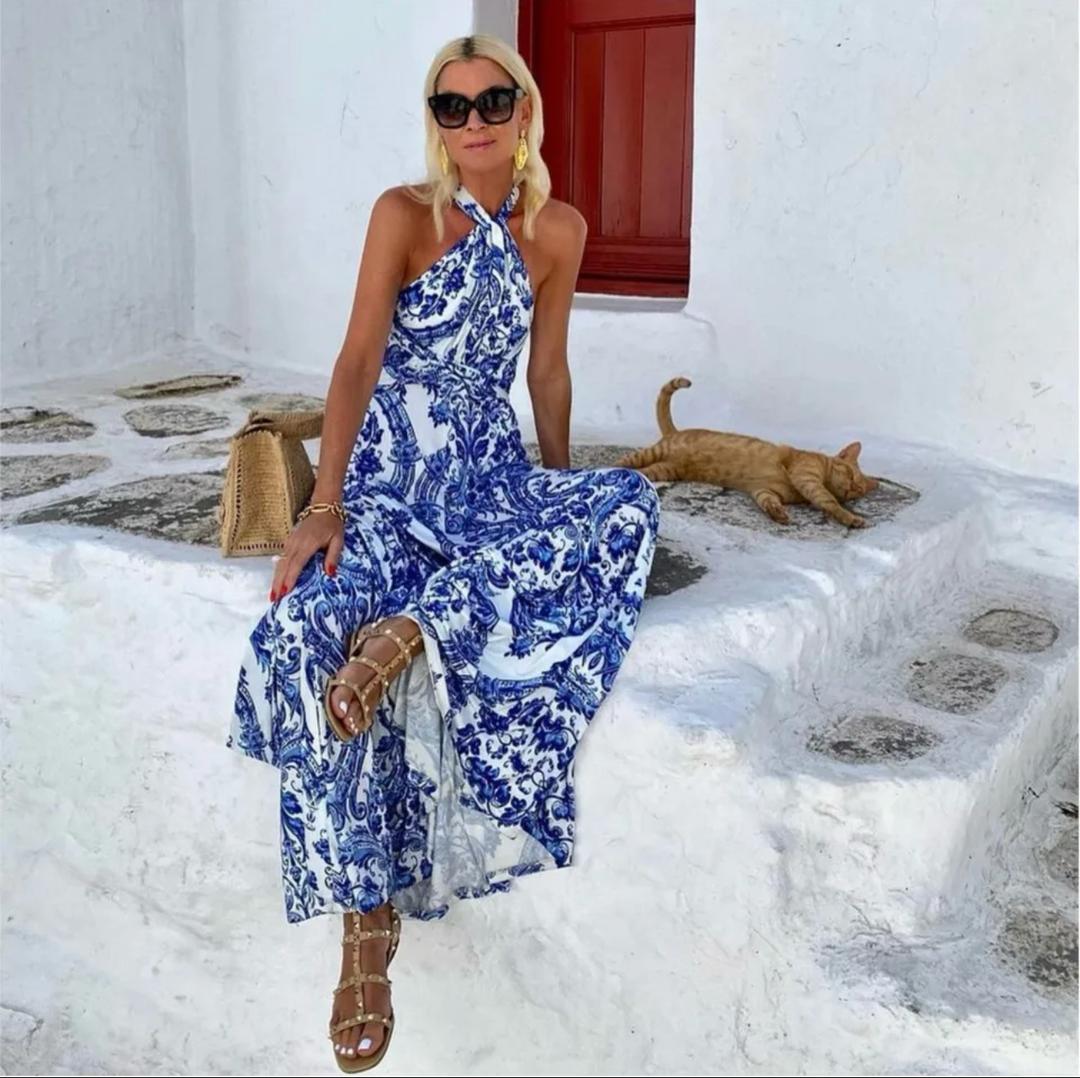 Rassha Printed Summer Holiday Dress In Blue
