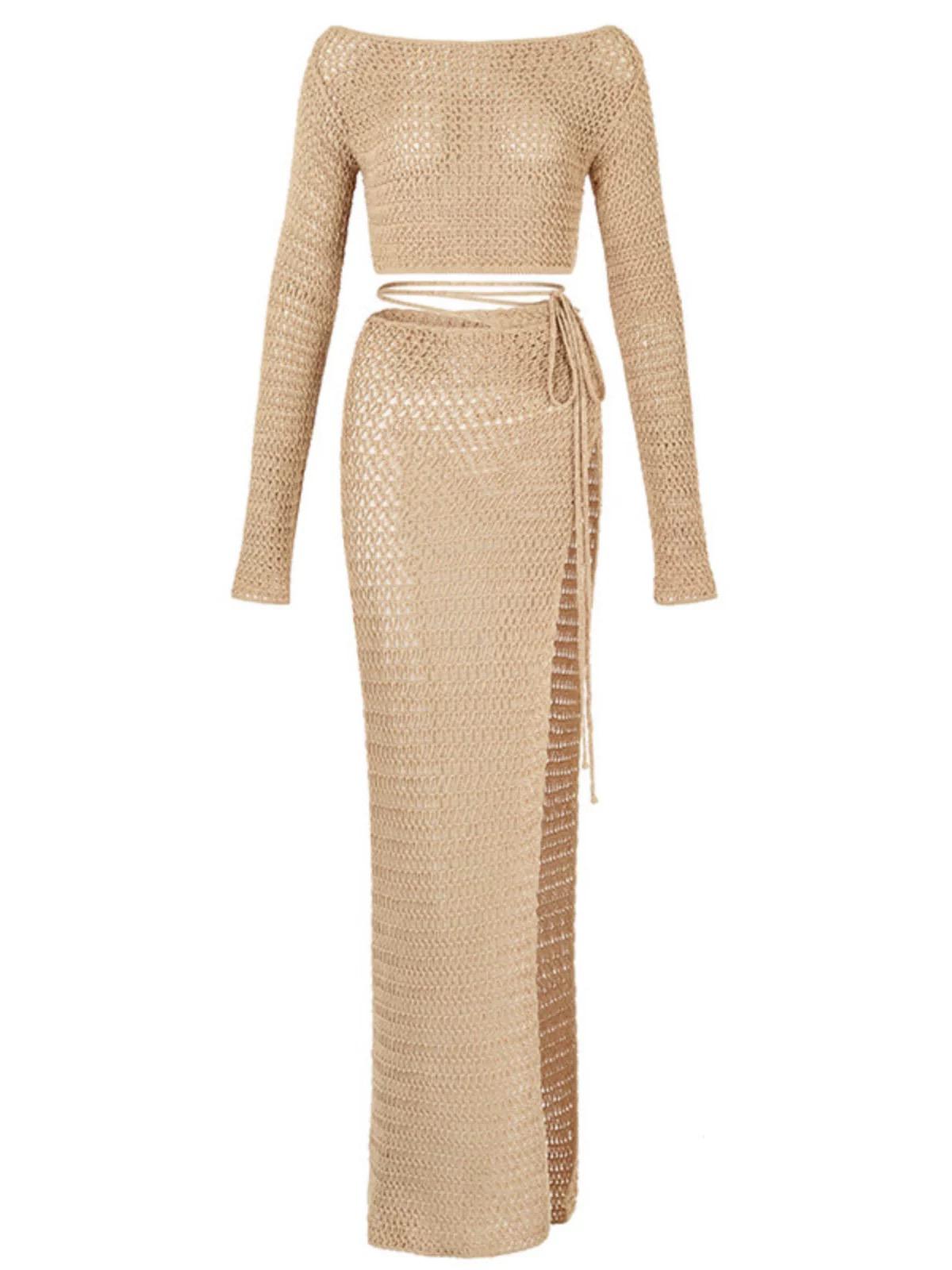 Emena Crochet Coord Set In Beige