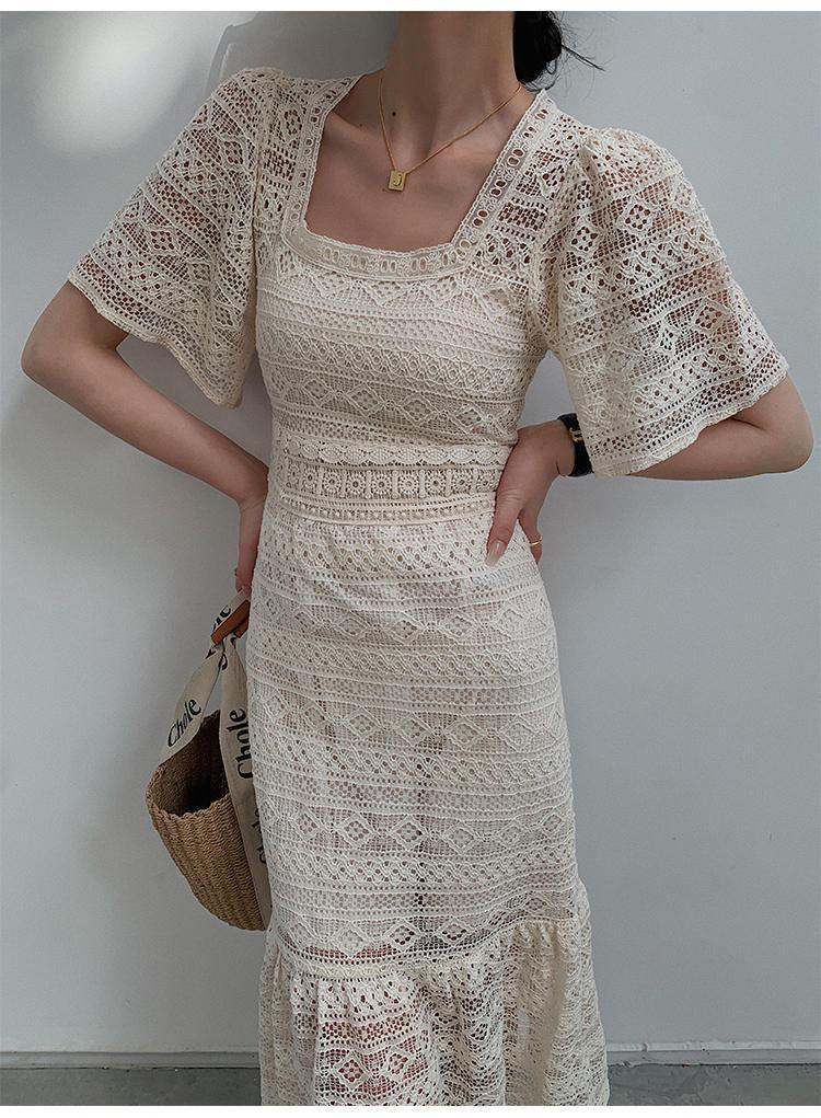 Liliana Crochet Midi Dress In Beige