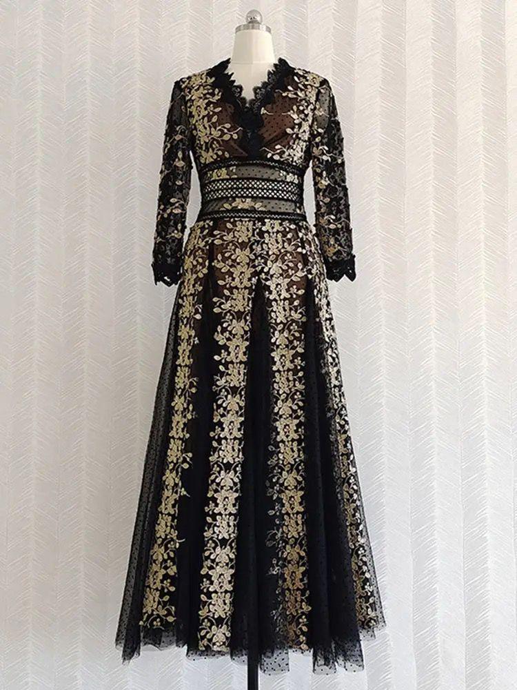 Orleans Embroidered Lace Mesh Midi Dress In Black