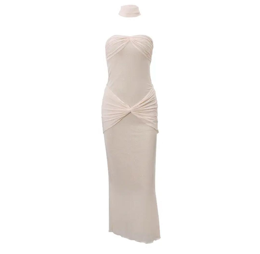 Lumia Offshoulder Sequined Party Dress In Beige