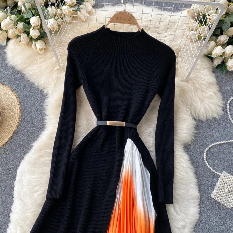 Tiana Pleated Woolen Dress In Black