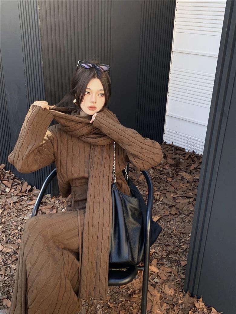 Tokyo Knitted 3PC Coord Set With Scarf In Brown