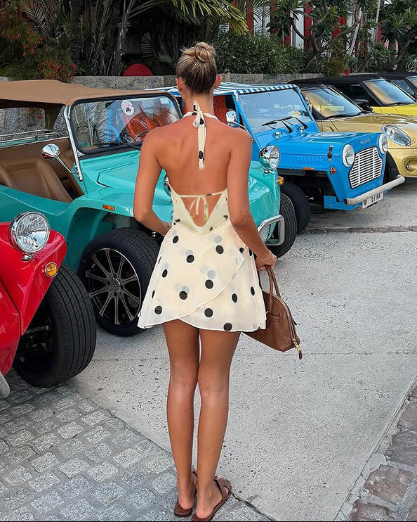 Agathe Cowl Overlap Polka Mini Dress