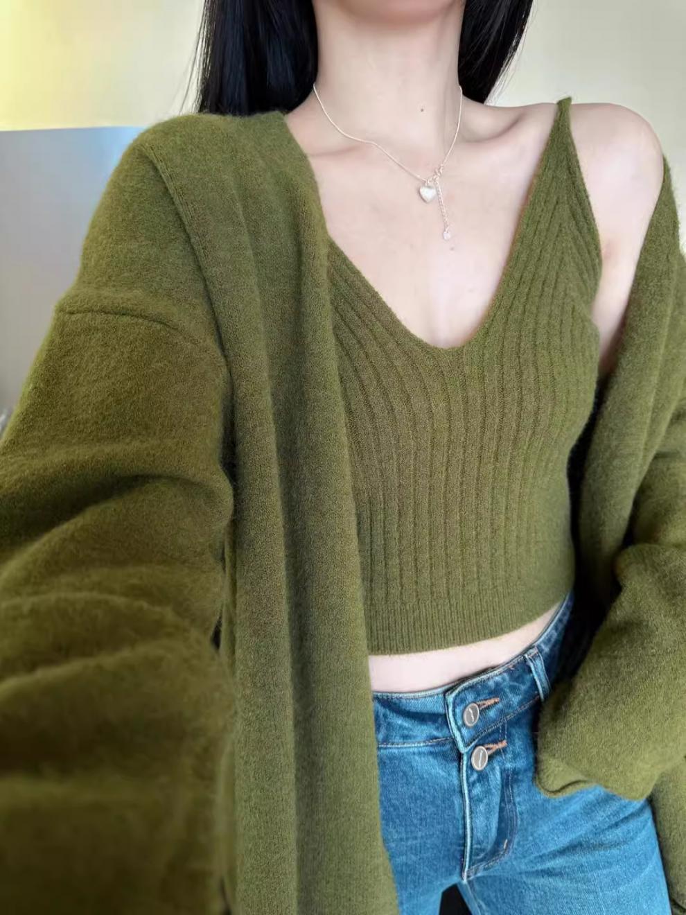 Nixie Statement Woolen Top with Cape Style Sweater In Olive