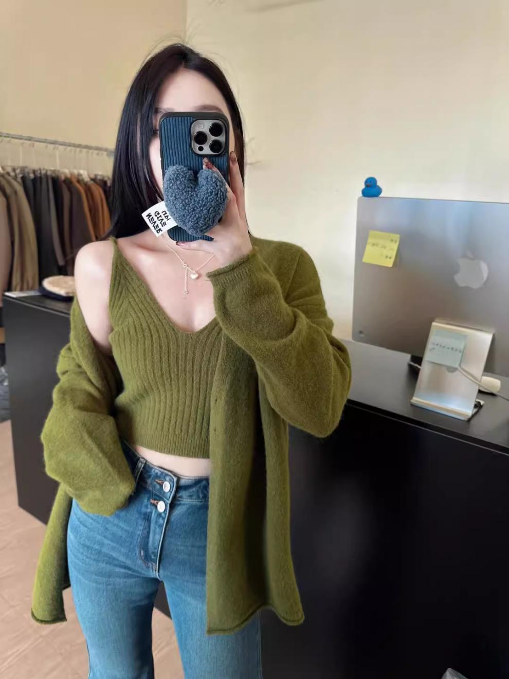 Nixie Statement Woolen Top with Cape Style Sweater In Olive