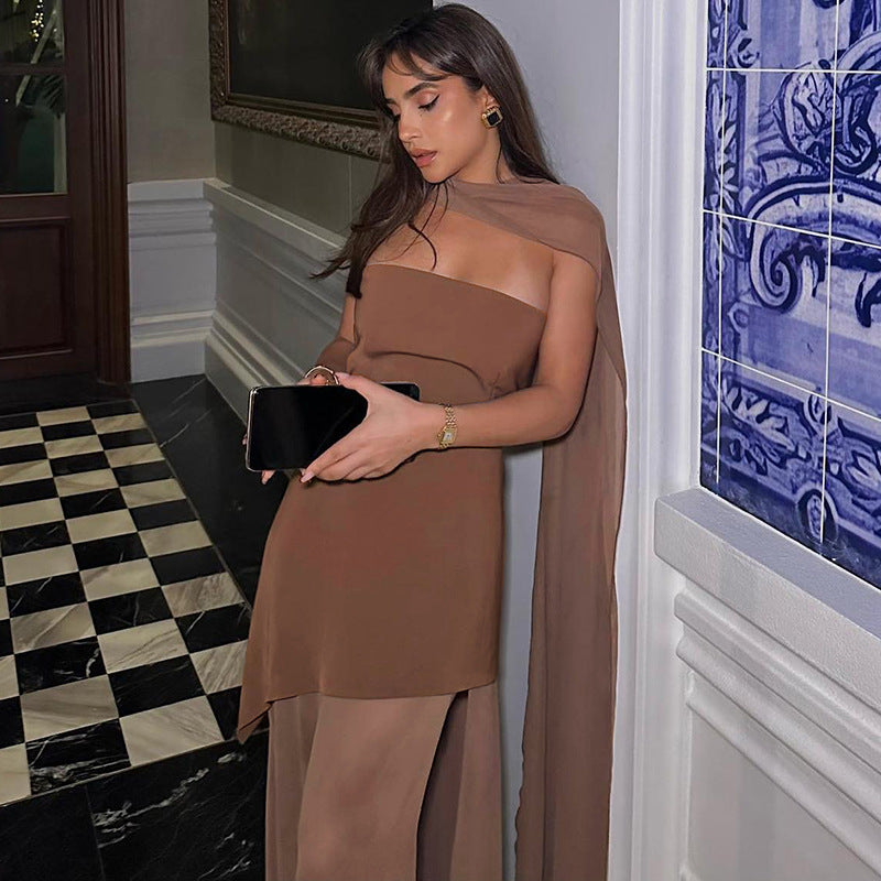 Annora Off-Shoulder Maxi Dress With Scarf In Brown