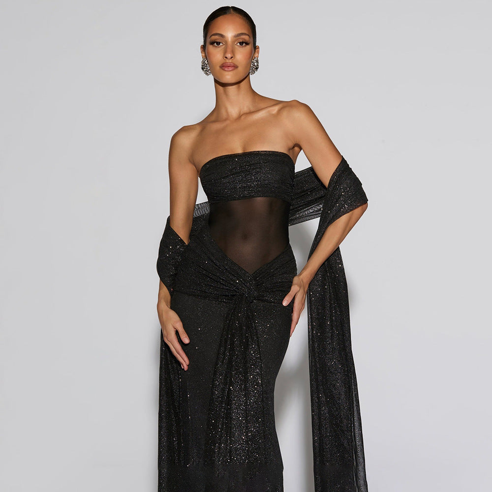 Ciana Shimmer Maxi Dress With Scarf