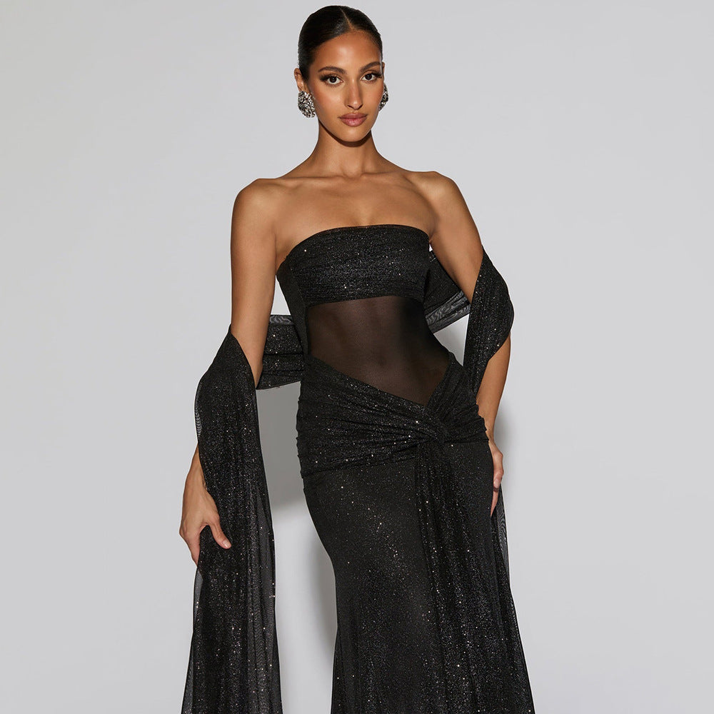 Ciana Shimmer Maxi Dress With Scarf