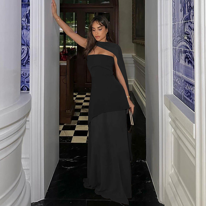 Annora Off-Shoulder Maxi Dress With Scarf In Black