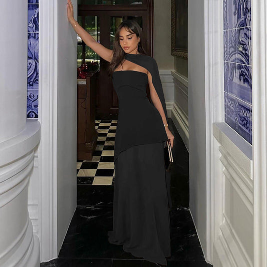 Annora Off-Shoulder Maxi Dress With Scarf In Black