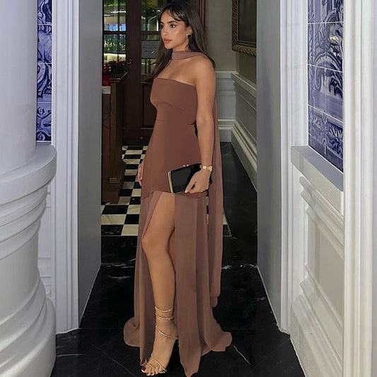 Annora Off-Shoulder Maxi Dress With Scarf In Brown
