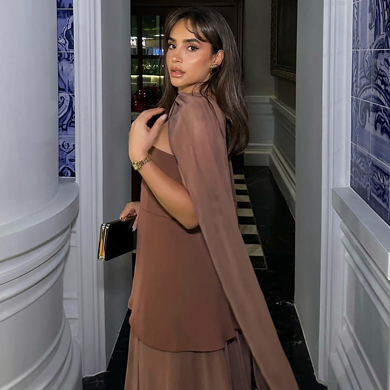 Annora Off-Shoulder Maxi Dress With Scarf In Brown
