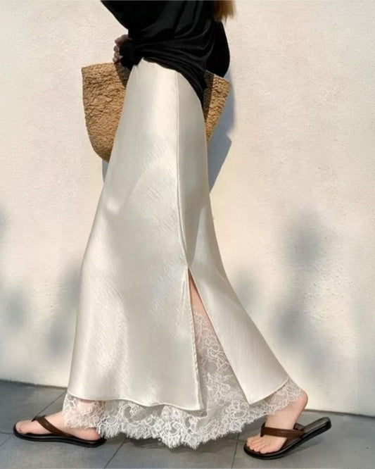 Dagny Satin Lace Midi Skirt