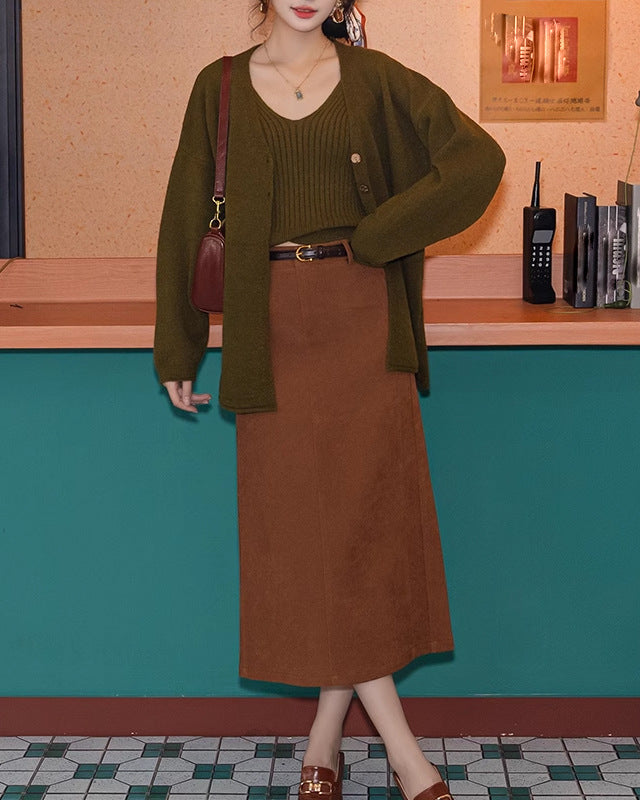 Nixie Statement Woolen Top with Cape Style Sweater In Olive
