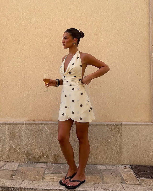 Agathe Cowl Overlap Polka Mini Dress