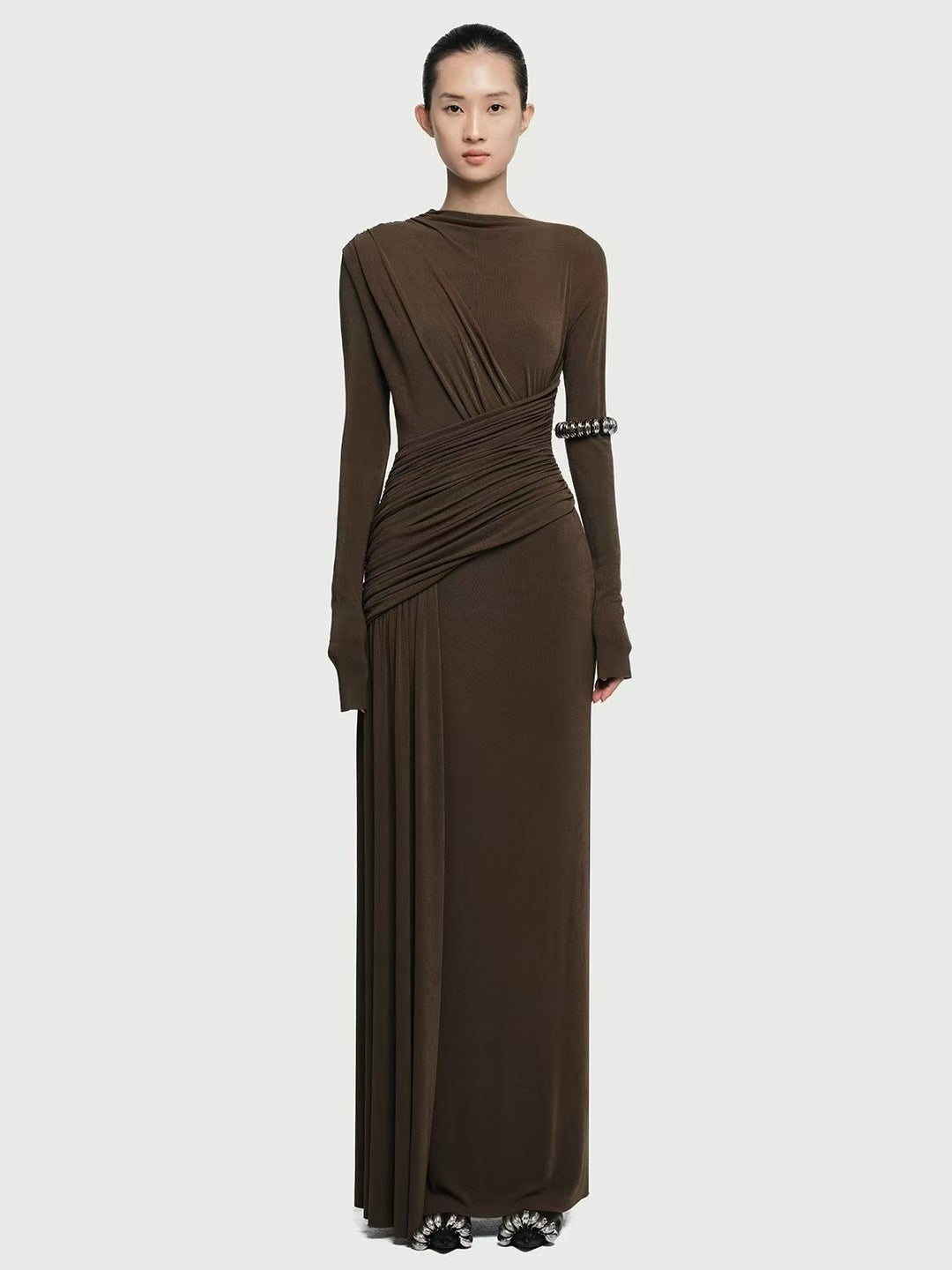 Isadora Luxe Bodycon Gathered Dress In Brown