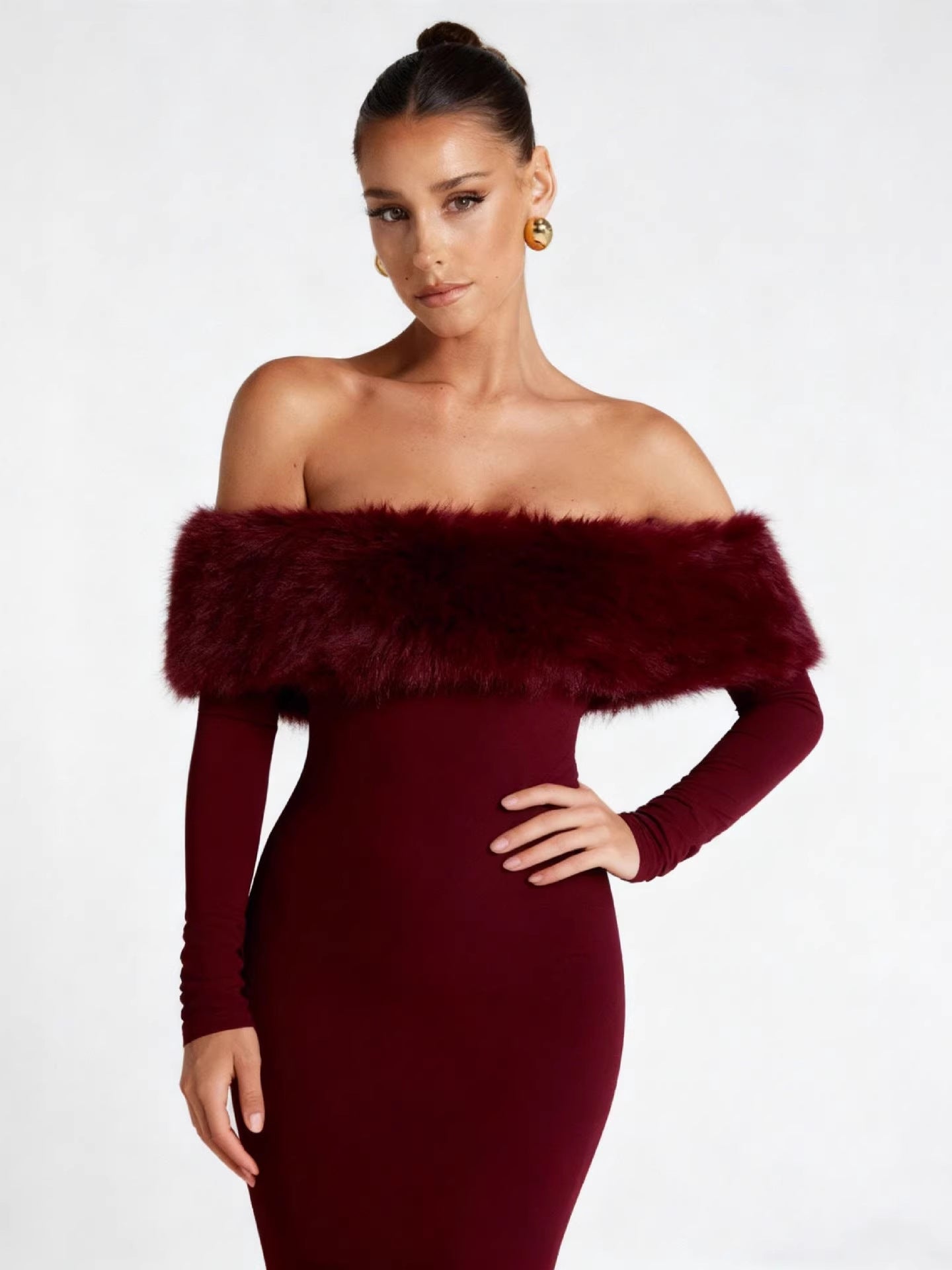 Renata Fur Off Shoulder Dress