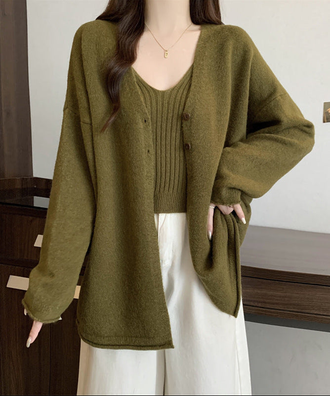 Nixie Statement Woolen Top with Cape Style Sweater In Olive