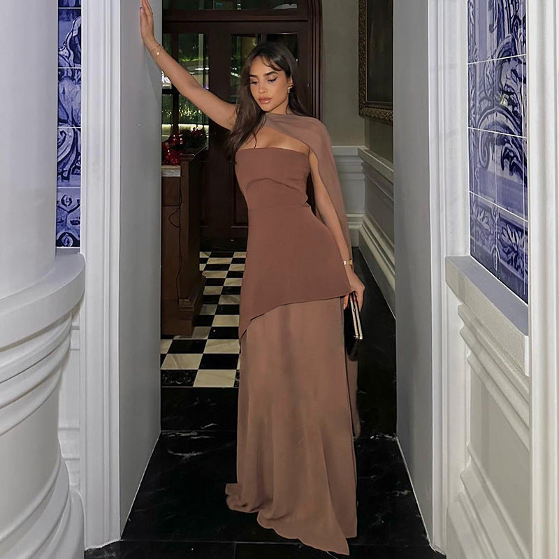 Annora Off-Shoulder Maxi Dress With Scarf In Brown