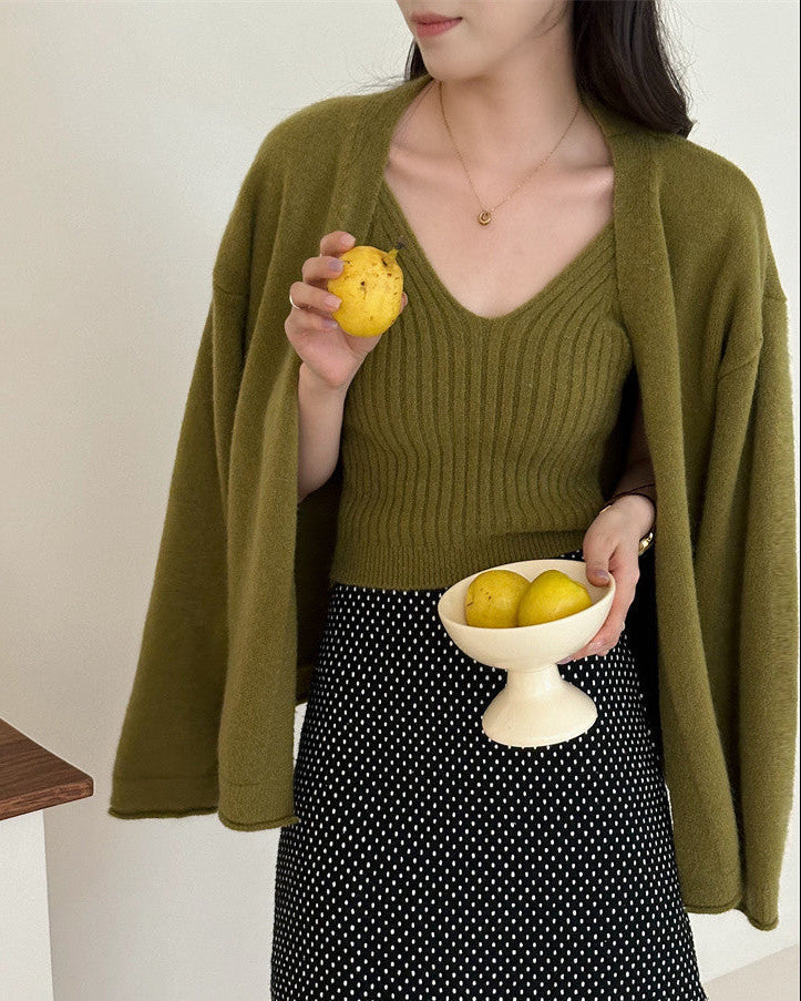 Nixie Statement Woolen Top with Cape Style Sweater In Olive