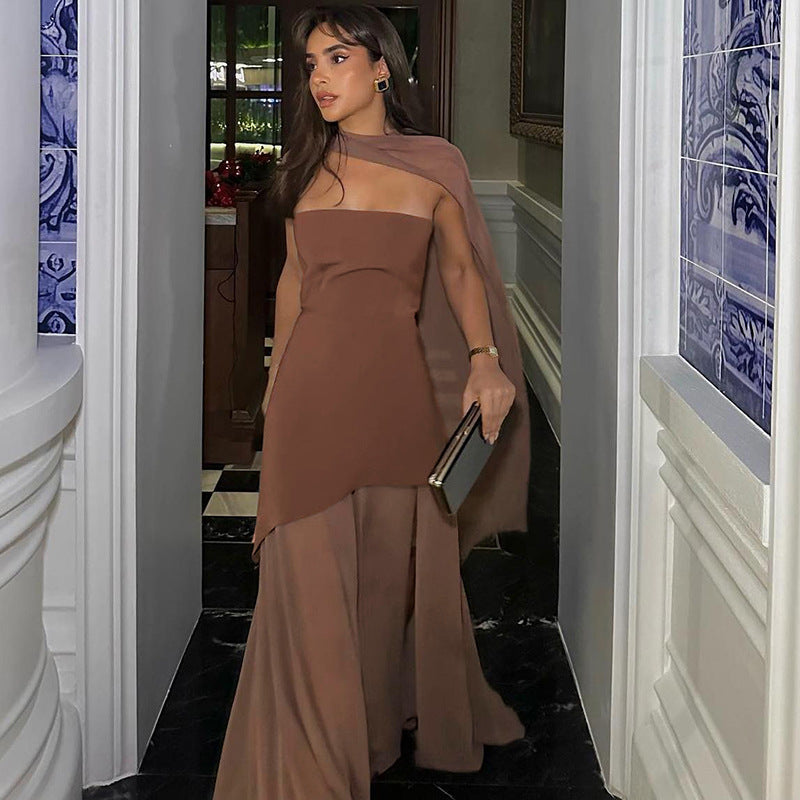 Annora Off-Shoulder Maxi Dress With Scarf In Brown