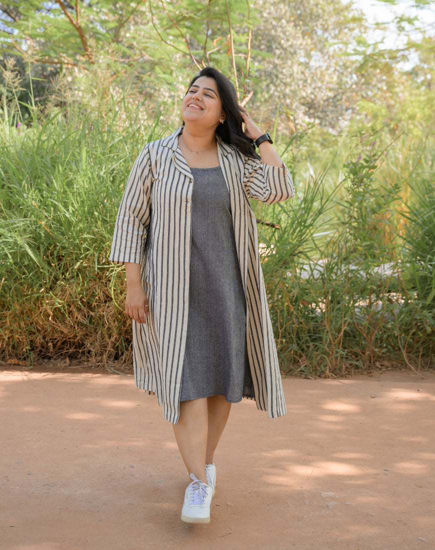 Grey Striped Jacket With Dress