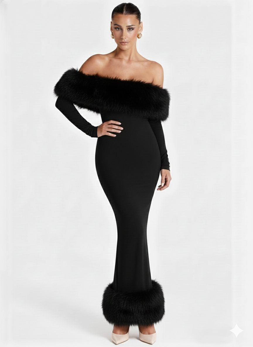 Renata Fur Off Shoulder Dress