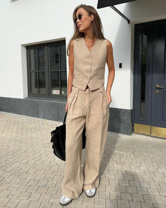 Hodor Statement Linen Vest Suit with Pants In Brown