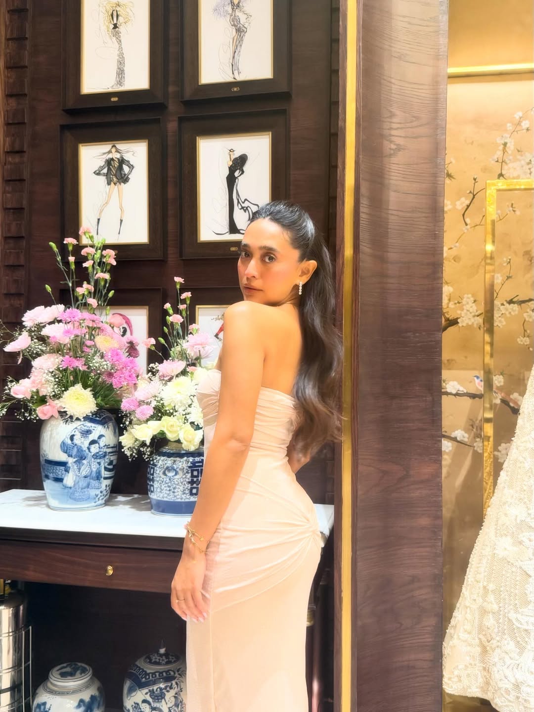 Lumia Offshoulder Sequined Party Dress In Beige