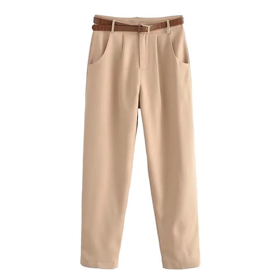 Yale High Waist Pants with Belt In Beige