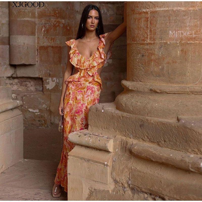 Diaz Floral Ruffled Maxi Dress In Rust