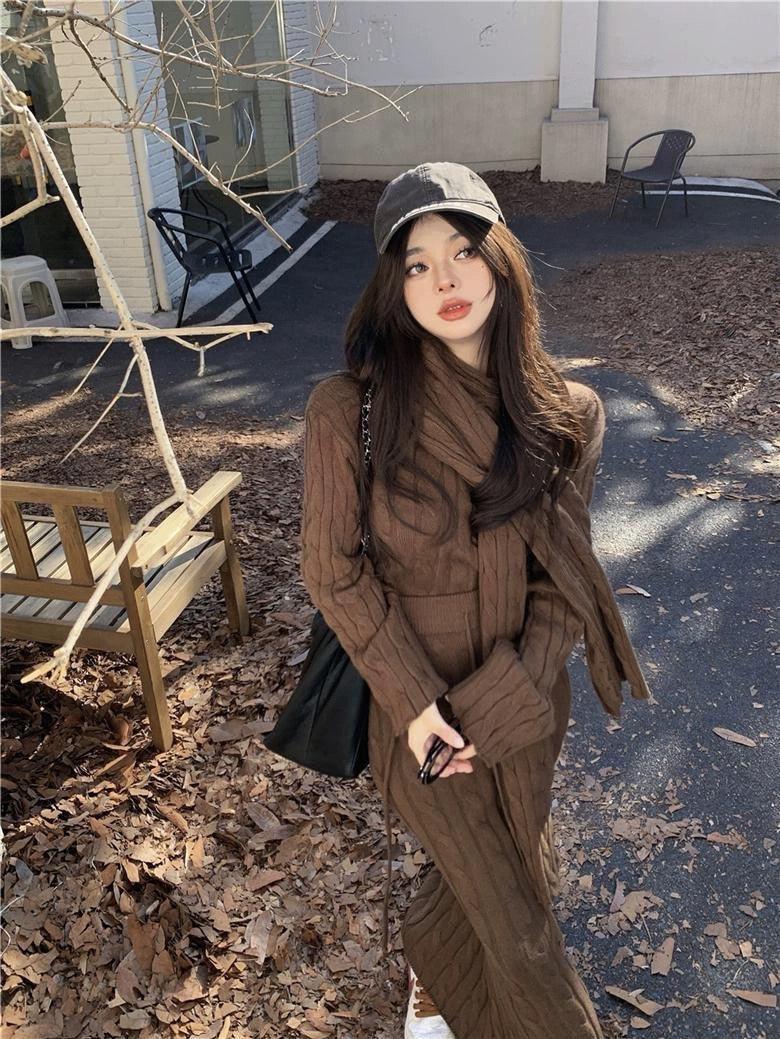 Tokyo Knitted 3PC Coord Set With Scarf In Brown