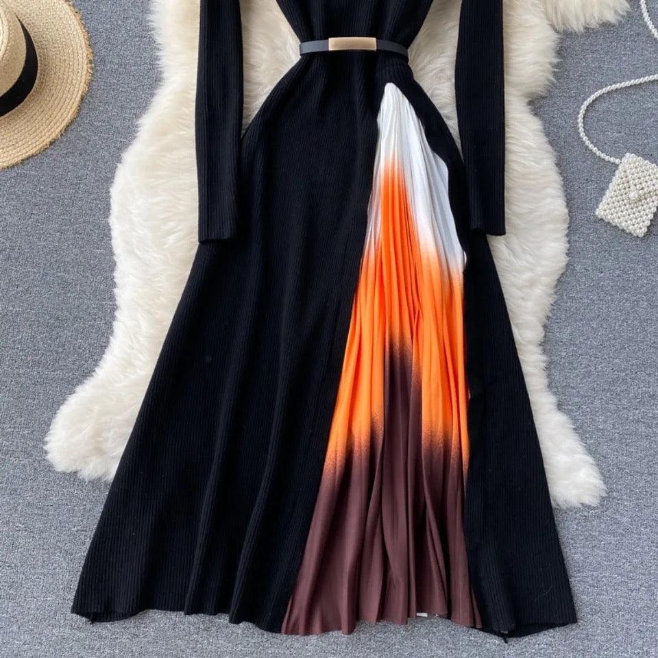 Tiana Pleated Woolen Dress In Black