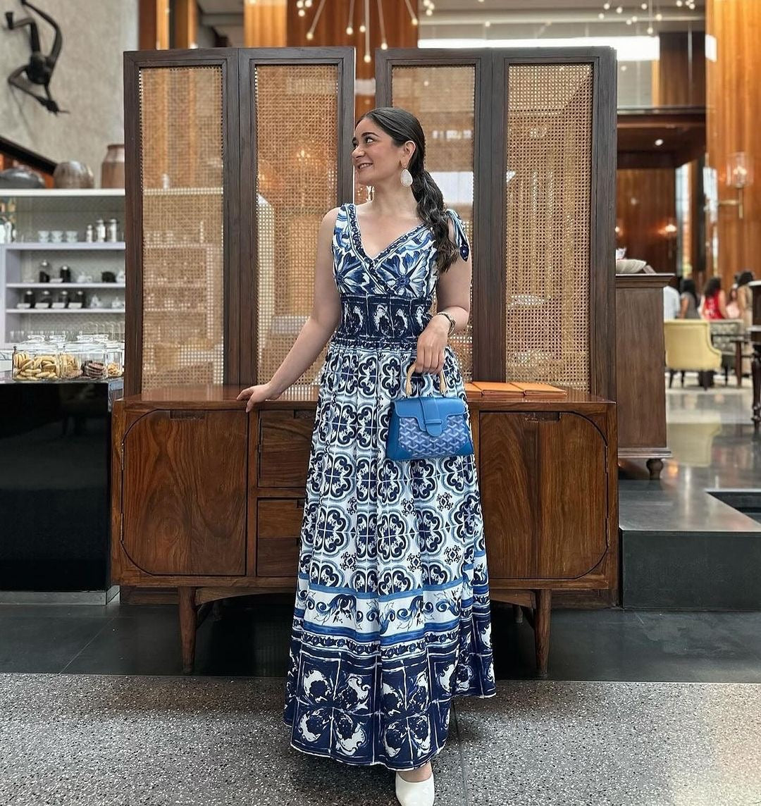 Wester Porcelain Print Maxi Dress In Blue
