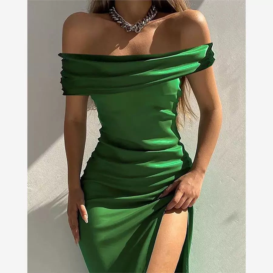 Mia Statement Satin Maxi Dress In Green