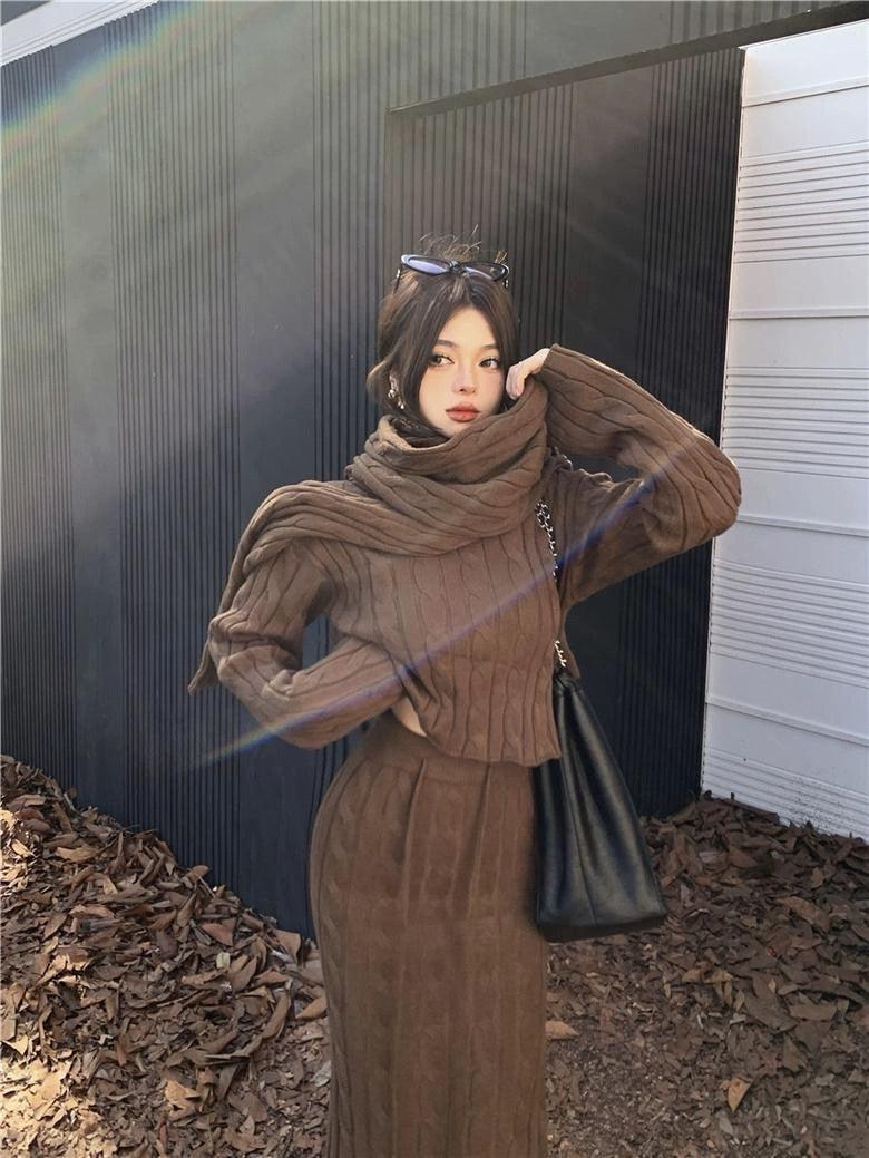 Tokyo Knitted 3PC Coord Set With Scarf In Brown