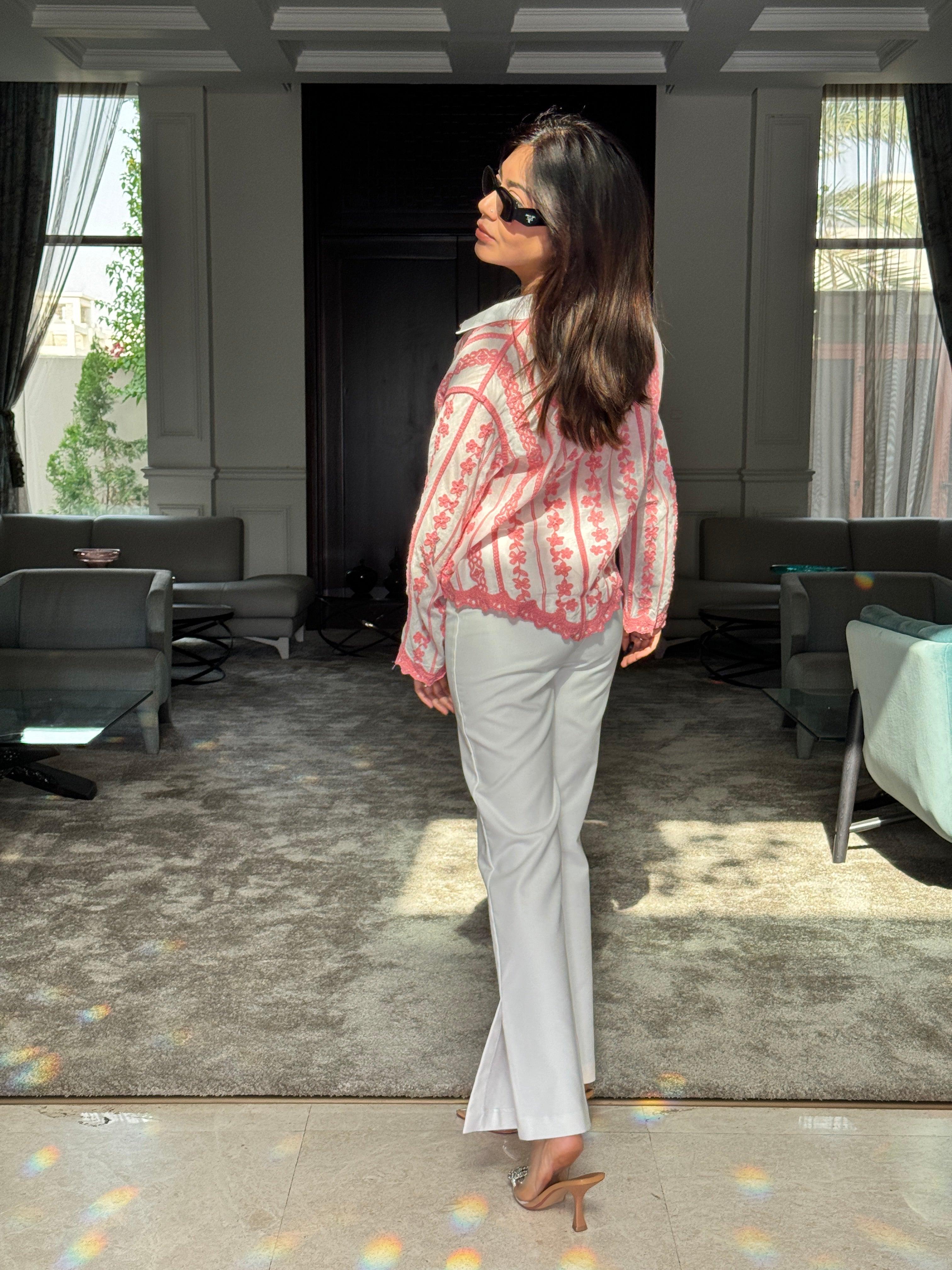 Coya Embroidered Cotton Shirt In Pink