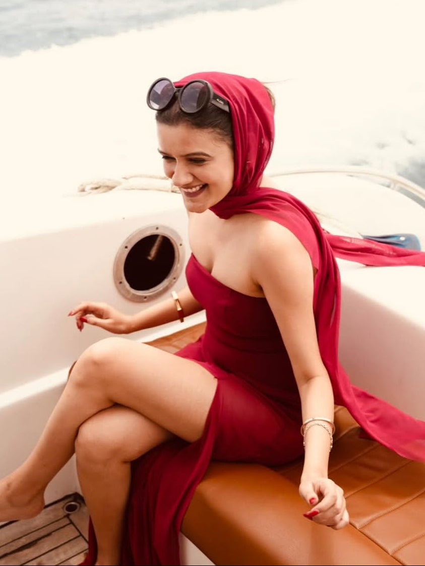 Annora Off-Shoulder Maxi Dress With Scarf In Maroon