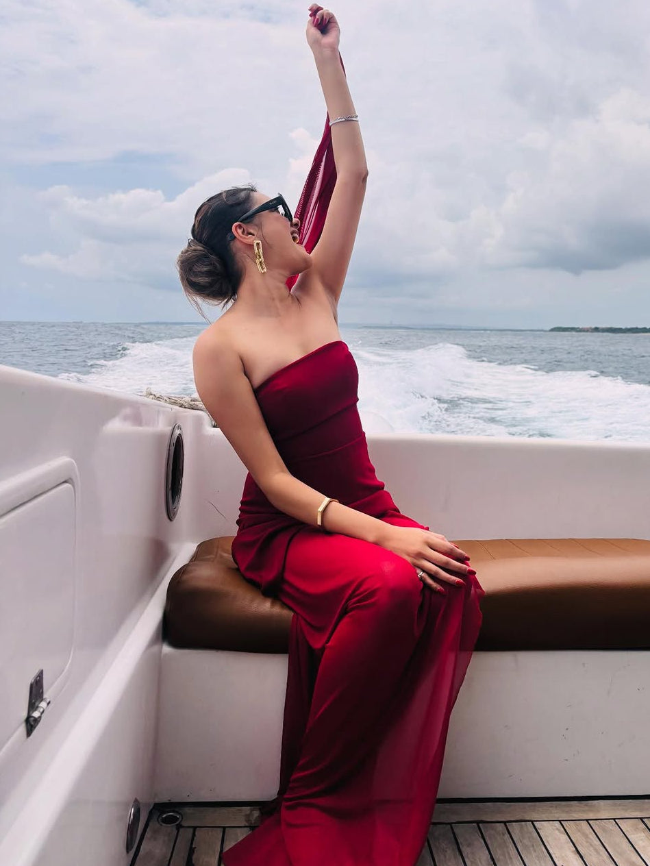 Annora Off-Shoulder Maxi Dress With Scarf In Maroon