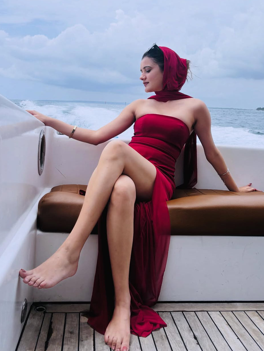Annora Off-Shoulder Maxi Dress With Scarf In Maroon