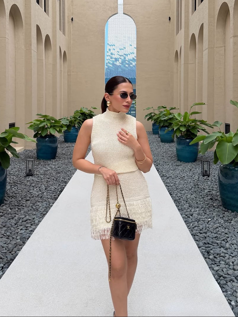 Milos Tasseled Soft Crochet Dress In Beige
