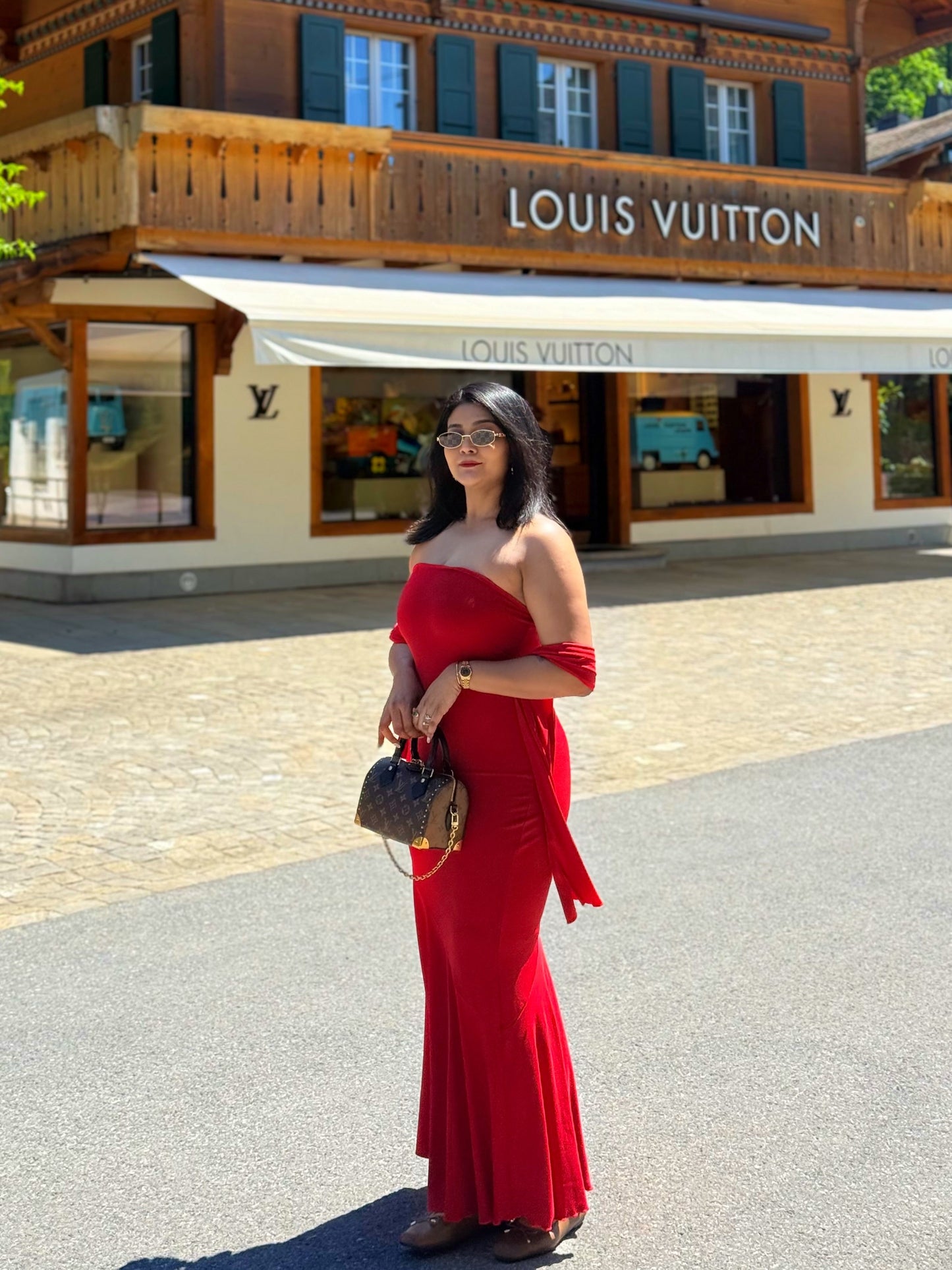 Alamea Offshoulder Statement Dress with Scarf in Red