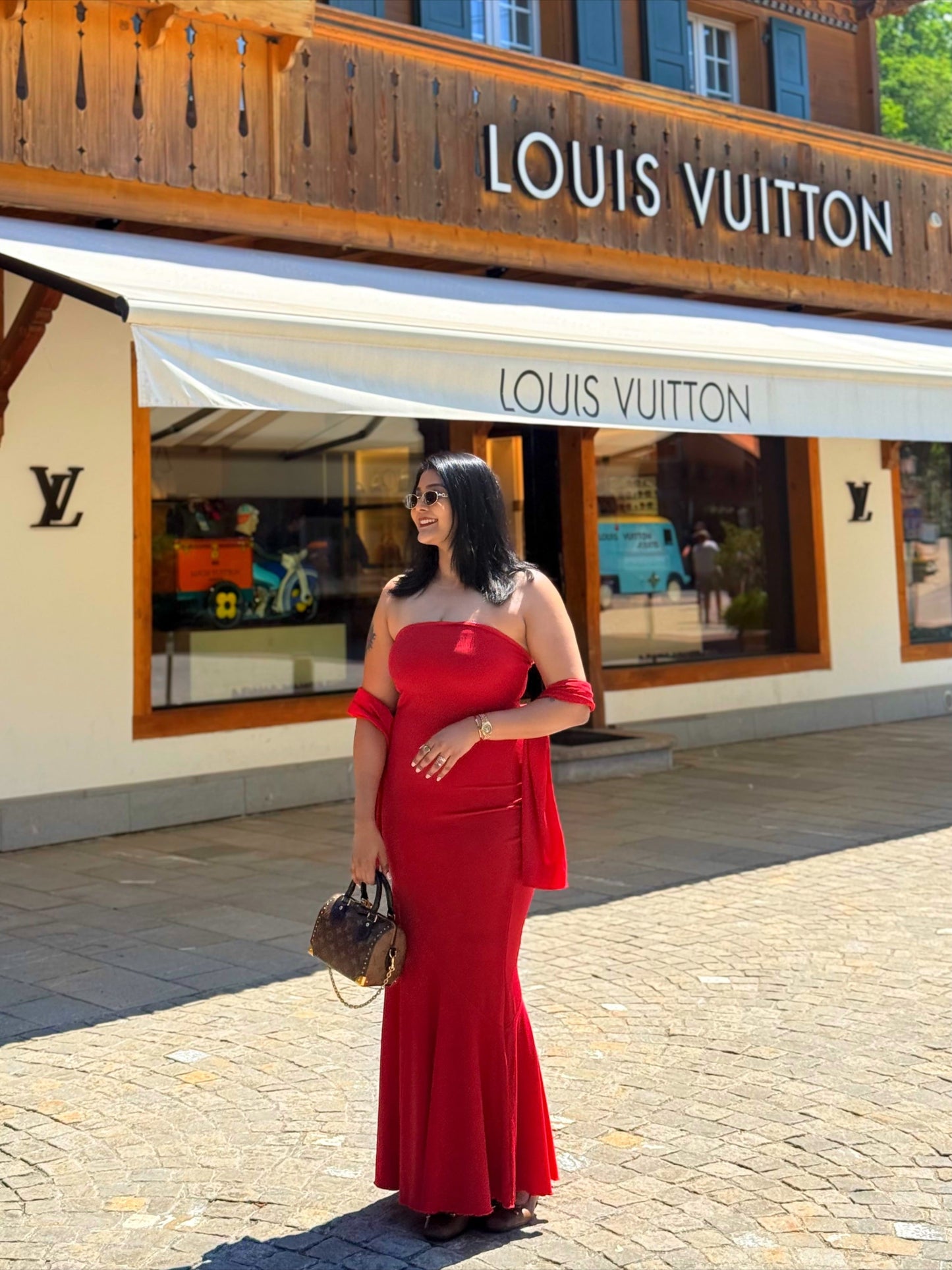 Alamea Offshoulder Statement Dress with Scarf in Red
