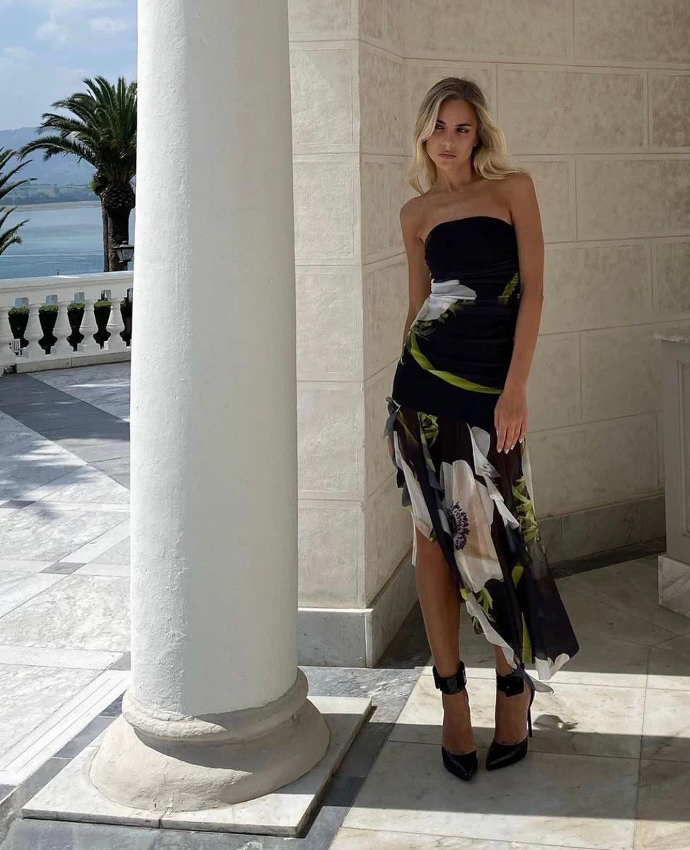 Dorris Bodycon Tube Ruffled Dress In Black