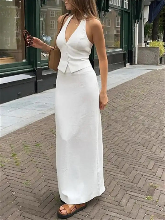 Ira Statement Vest Suit with Skirt In White