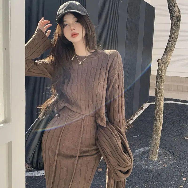 Tokyo Knitted 3PC Coord Set With Scarf In Brown